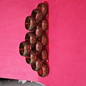 Set of 10 Vintage Brass Filigreed Reticulated Napkin Rings Tea Light Cover